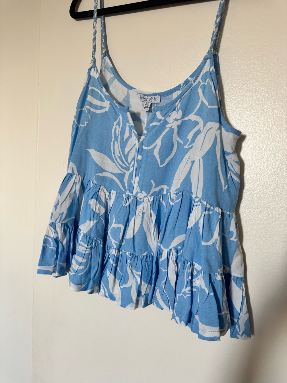 NWT Patrons of Peace Light Blue and White Floral Tiered Camisole